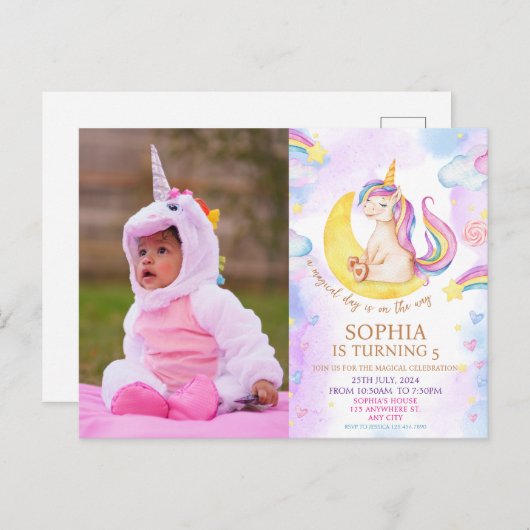 魔法のユニコーンと虹の誕生日パーティー ポストカード (正面/裏面)