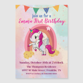 魔法のユニコーンのピンクの水の色の最初の誕生日 マグネット招待状