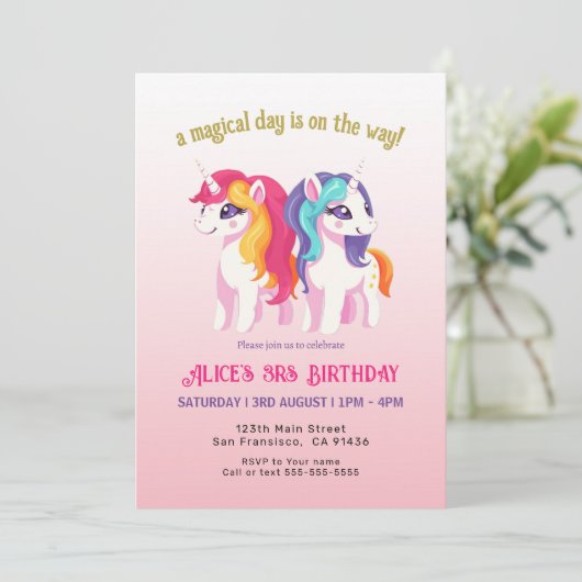 魔法のユニコーンのピンクの水の色の誕生日パーティー 招待状 (スタンド正面)