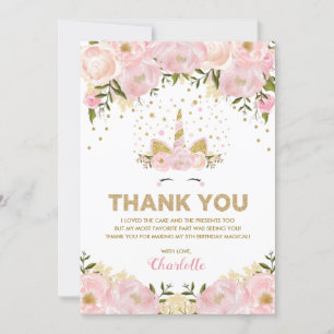 魔法のユニコーンのピンクの金ゴールドの花の誕生会 サンキューカード