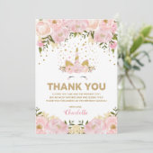 魔法のユニコーンのピンクの金ゴールドの花の誕生会 サンキューカード (スタンド正面)