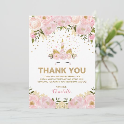 魔法のユニコーンのピンクの金ゴールドの花の誕生会 サンキューカード (スタンド正面)