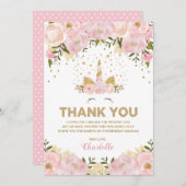 魔法のユニコーンのピンクの金ゴールドの花の誕生会 サンキューカード (正面/裏面)