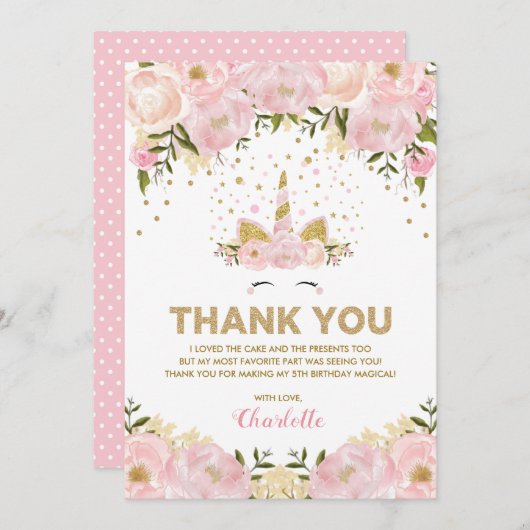 魔法のユニコーンのピンクの金ゴールドの花の誕生会 サンキューカード (正面/裏面)