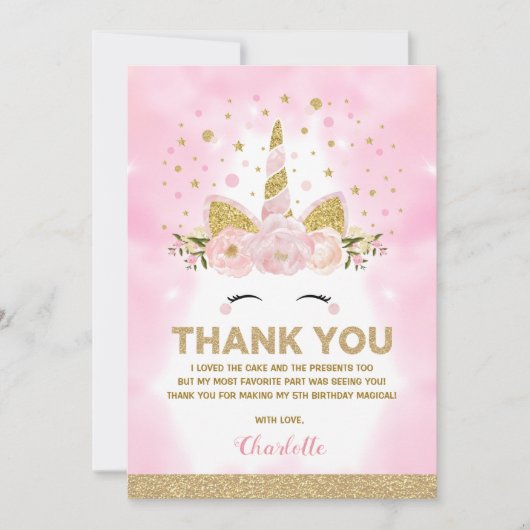 魔法のユニコーンのピンクの銀河系は誕生日を曇らせます サンキューカード (正面)