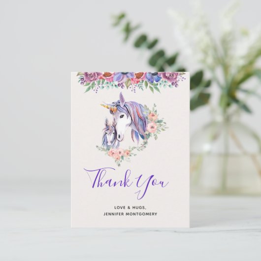 魔法のユニコーンのママとベイビーの水彩画 サンクスカード ポストカード (スタンド正面)