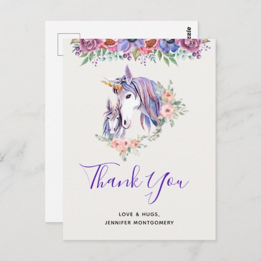 魔法のユニコーンのママとベイビーの水彩画 サンクスカード ポストカード (正面/裏面)