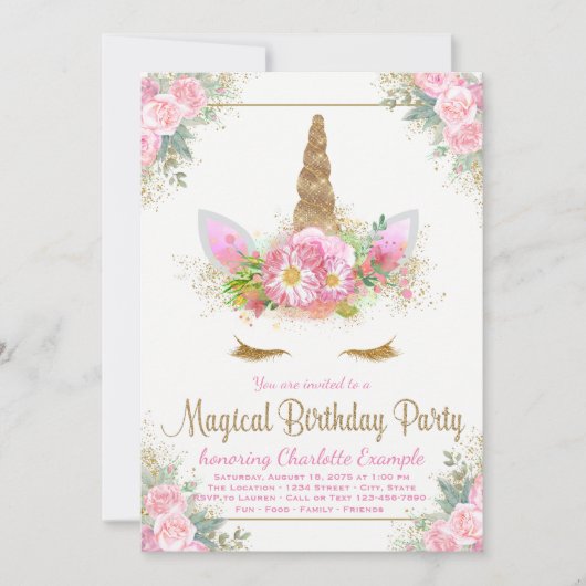 魔法のユニコーンの女の子の誕生日パーティーの招待状 招待状 (正面)