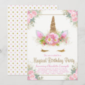 魔法のユニコーンの女の子の誕生日パーティーの招待状 招待状 (正面/裏面)