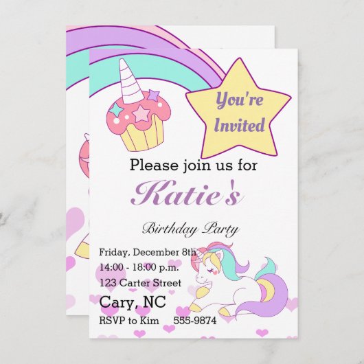 魔法のユニコーンの子供の誕生日の招待 招待状 (正面/裏面)