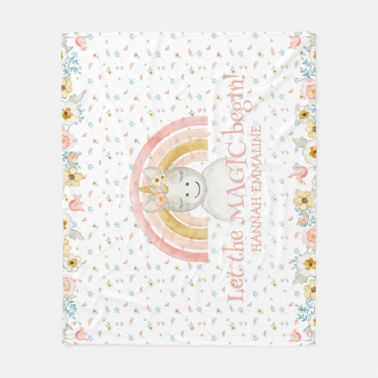 魔法のユニコーンの子供部屋の装飾の水彩画の虹 フリースブランケット (正面)