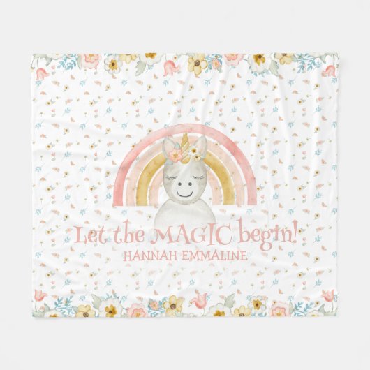 魔法のユニコーンの子供部屋の装飾の水彩画の虹 フリースブランケット (正面(横))