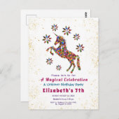 魔法のユニコーンの花の誕生日招待状 ポストカード (正面/裏面)
