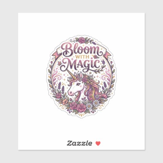 魔法のユニコーンの花咲く姿 POD対応 白背景 シール (シート)