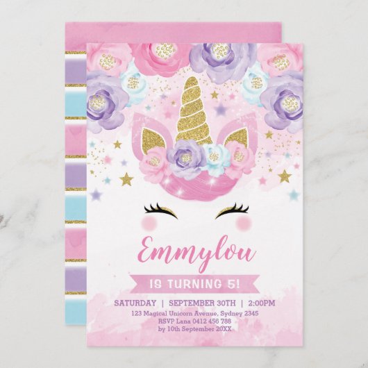 魔法のユニコーンの誕生会のピンクの紫色の虹 招待状 (正面/裏面)