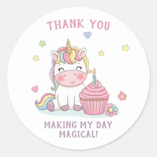 魔法のユニコーンの誕生日お礼ステッカー ラウンドシール (正面)