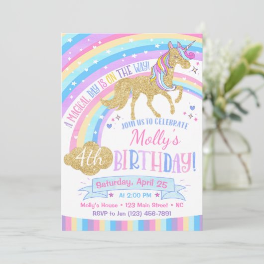 魔法のユニコーンの誕生日の招待状の虹の招待 招待状 (スタンド正面)
