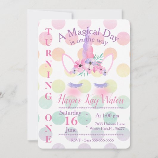 魔法のユニコーンの誕生日の招待状 招待状 (正面)