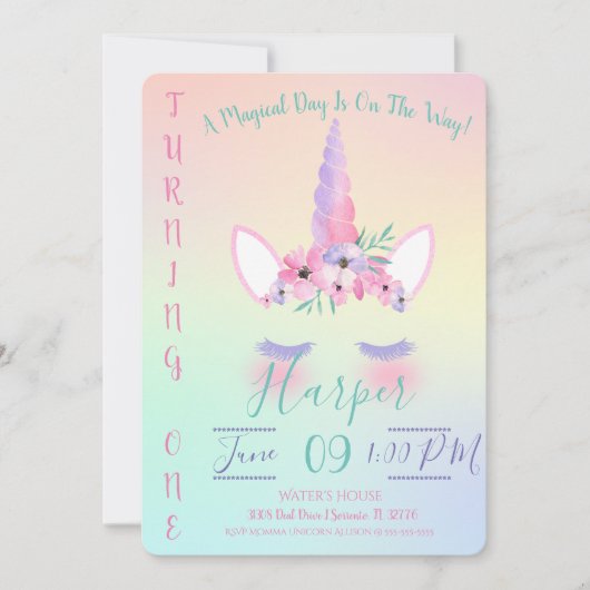 魔法のユニコーンの誕生日パーティー招待状 招待状 (正面)
