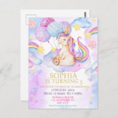 魔法のユニコーンの誕生日招待状 レインボー ポストカード (正面/裏面)