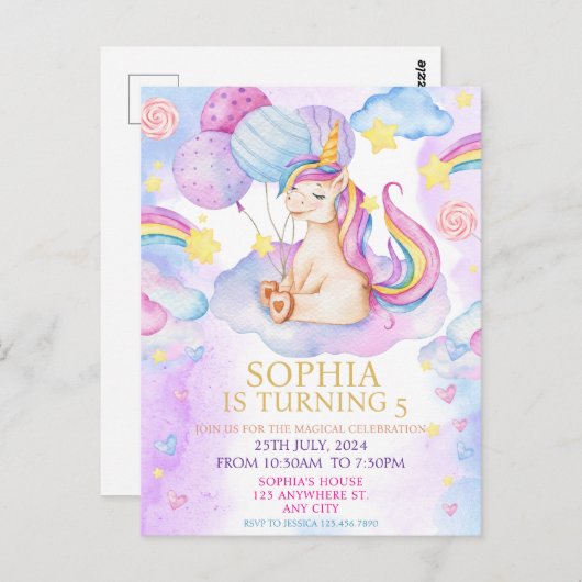 魔法のユニコーンの誕生日招待状 レインボー ポストカード (正面/裏面)