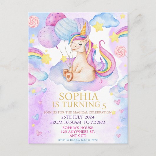 魔法のユニコーンの誕生日招待状 レインボー ポストカード (正面)