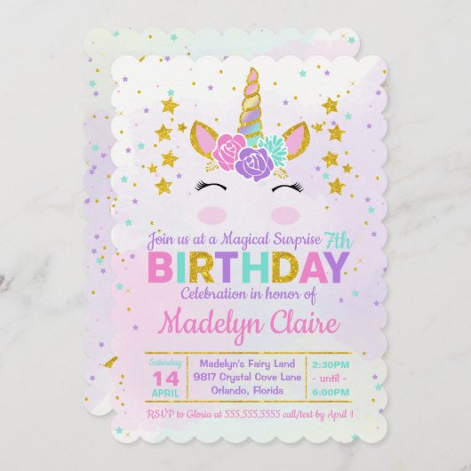 魔法のユニコーンの驚きの誕生日のパーティの招待状 招待状 (正面/裏面)