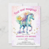 魔法のユニコーンの4歳の誕生日 | ユニコーンの輝き 招待状 (正面)