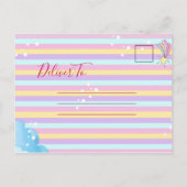 魔法のユニコーンをテーマにした青い輝く誕生日パーティー シーズンポストカード (裏面)