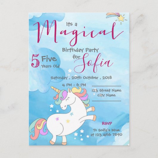 魔法のユニコーンをテーマにした青い輝く誕生日パーティー シーズンポストカード (正面)