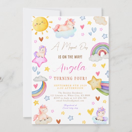 魔法のユニコーンウォーターカラーレインボーバースデーパーティー 招待状 (正面)