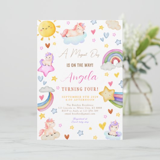 魔法のユニコーンウォーターカラーレインボーバースデーパーティー 招待状 (スタンド正面)