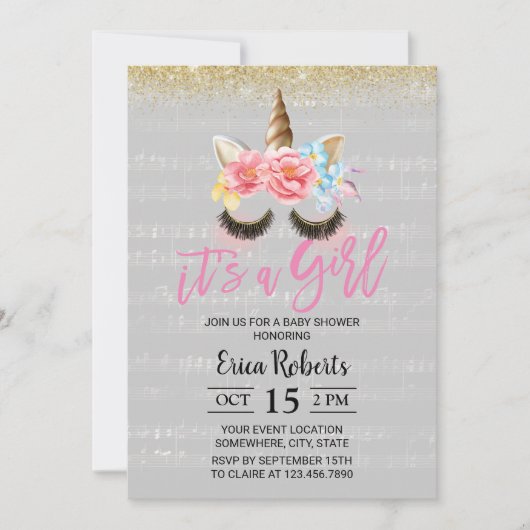 魔法のユニコーンエレガント音楽ガールベビーシャワー 招待状 (正面)