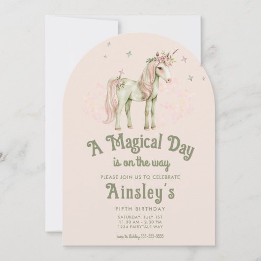 魔法のユニコーンカスタムの写真ピンクのアーチ型誕生日 招待状 (正面)