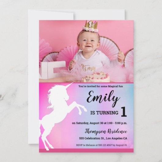 魔法のユニコーンカスタムピンクの写真第1誕生日 招待状 (正面)