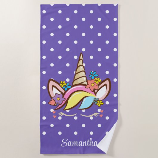 魔法のユニコーンカラフルガールネームフローラ ビーチタオル (正面)