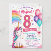 魔法のユニコーンガールの8歳の誕生日 招待状 (正面)