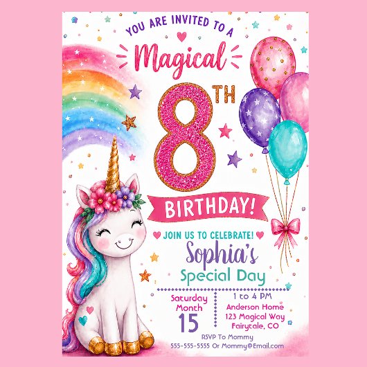 魔法のユニコーンガールの8歳の誕生日 招待状