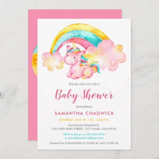 魔法のユニコーンガールベイビーシャワー 招待状 (正面/裏面)