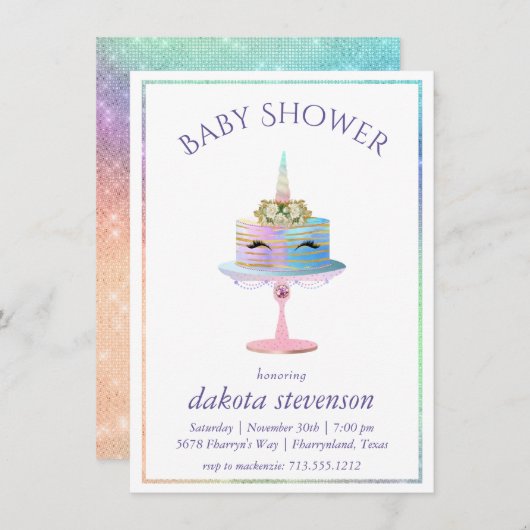 魔法のユニコーンケーキ |ファンタジー水色シャワー 招待状 (正面/裏面)