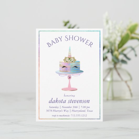 魔法のユニコーンケーキ |ファンタジー水色シャワー 招待状 (スタンド正面)