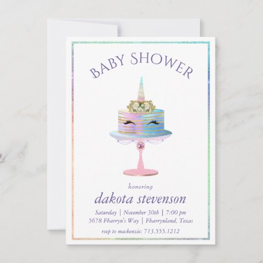 魔法のユニコーンケーキ |ファンタジー水色シャワー 招待状 (正面)