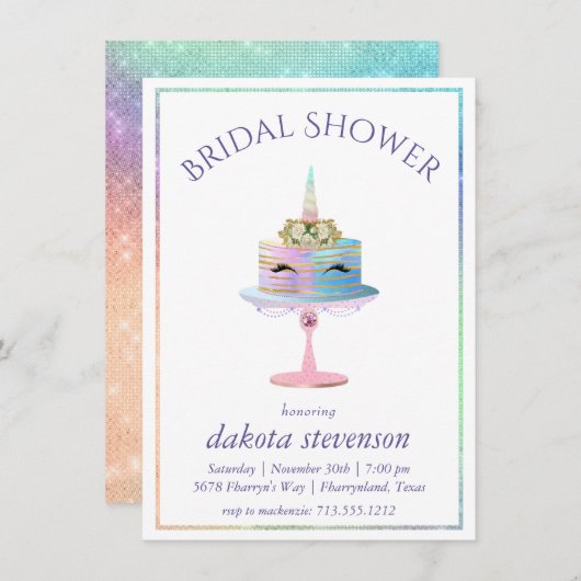魔法のユニコーンケーキ |ファンタジー水色シャワー 招待状 (正面/裏面)