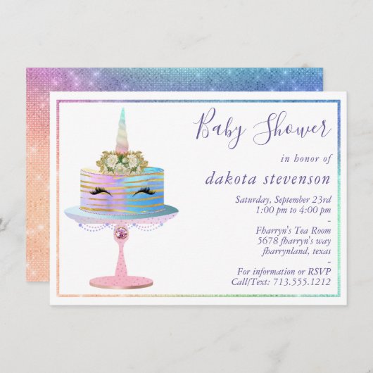 魔法のユニコーンケーキ |ファンタジー水色シャワー 招待状 (正面/裏面)