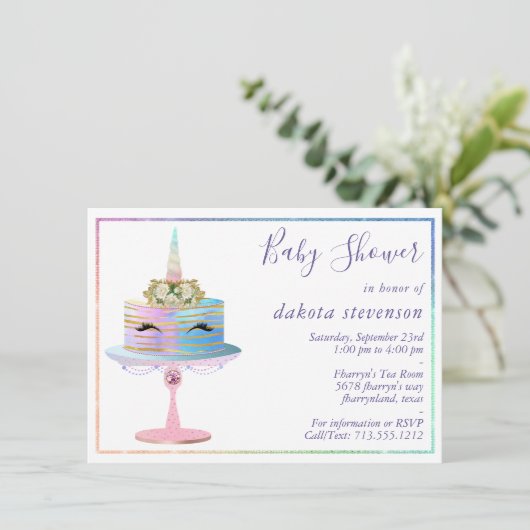 魔法のユニコーンケーキ |ファンタジー水色シャワー 招待状 (スタンド正面)
