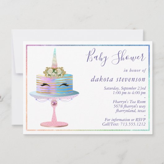 魔法のユニコーンケーキ |ファンタジー水色シャワー 招待状 (正面)