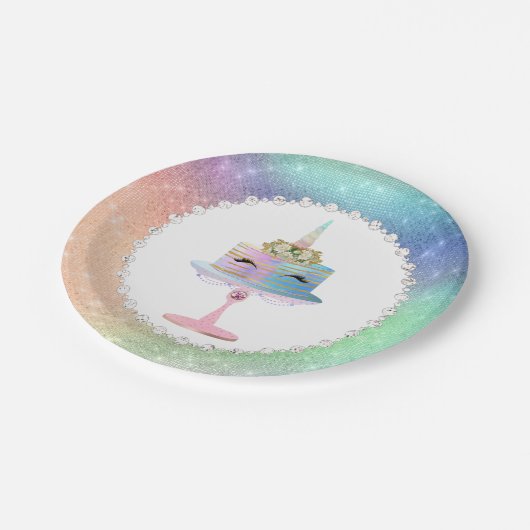 魔法のユニコーンケーキ |ファンタジー水色パーティー ペーパープレート (アングル)