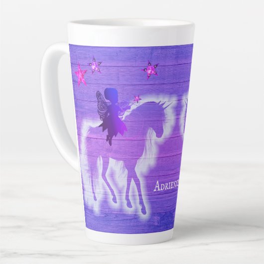 魔法のユニコーンシルエット青ピンクパーソナライズされた カフェラテマグ (左アングル)
