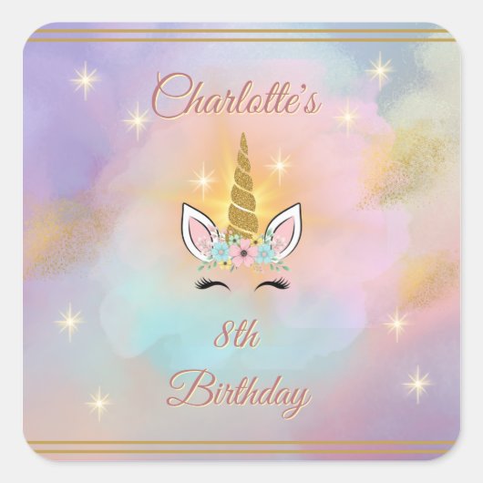 魔法のユニコーンスクエアステッカー | パーティーフェイバー スクエアシール (正面)