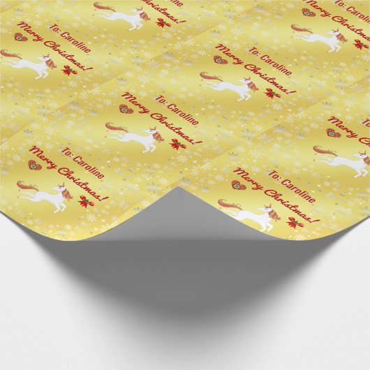 魔法のユニコーンスノーフレーク名メリークリスマスゴールデン ラッピングペーパー (角)
